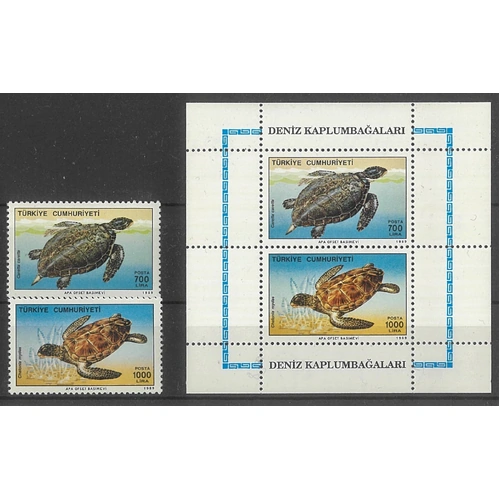 Turkey 1989 Sea Turtles Set of 2 Stamps & Mini Sheet Scott 2456/57a MUH 10-6