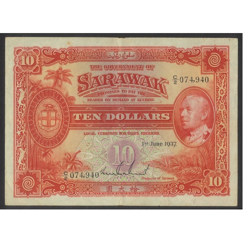 Sarawak 1937 $10 P 22 Banknote VF-gVF