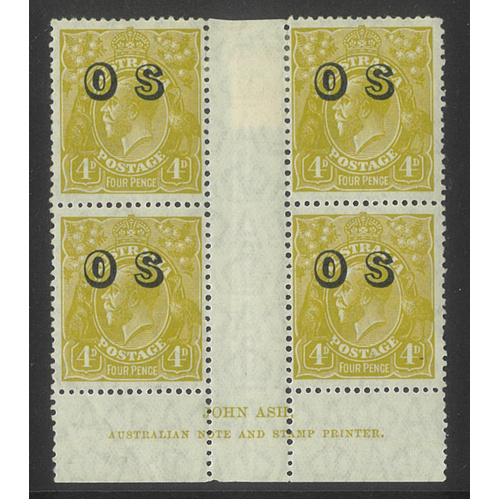 Australia KGV Block/4 Stamps Small Mult WMK 4d Olive Ovpt OS Ash Imprint MLH/MUH