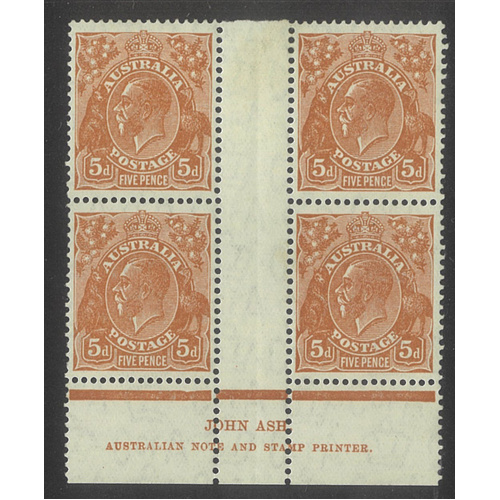 Australia KGV Block/4 Stamps CofA WMK 5d Brown Ash Imprint with Variety MLH/MUH
