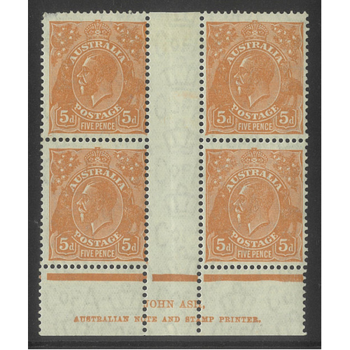 Australia KGV Block/4 Stamps CofA WMK 5d Pale Orange-Brown Ash Imprint MLH/MUH