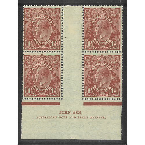 Australia KGV Block/4 Stamps CofA WMK ½d Red-Brown Ash Imprint MLH/MUH