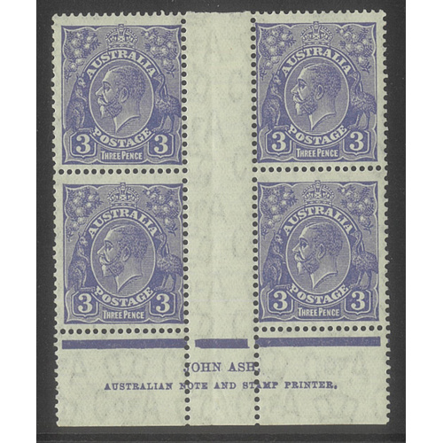 Australia KGV Block/4 Stamps CofA WMK 3d Blue Ash Imprint with Variety MLH/MUH