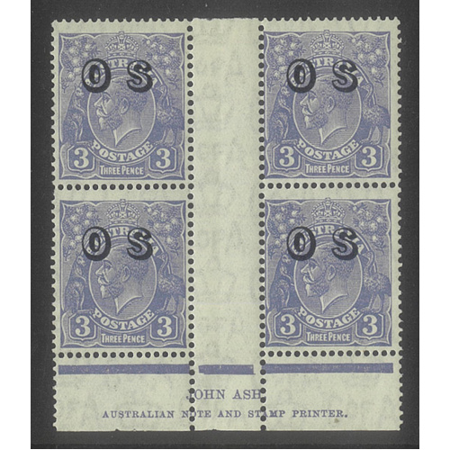 Australia KGV Block/4 Stamps CofA WMK 3d Blue ovpt OS Ash Imprint with Variety MLH/MUH