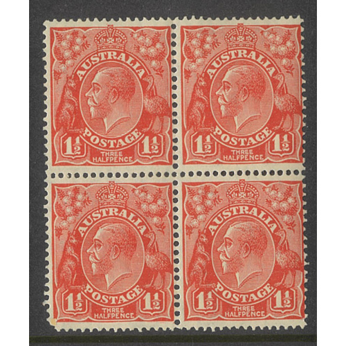 Australia KGV Block/4 Stamps Small Mult WMK 1½d Scarlet SG96 MUH