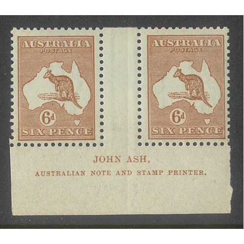 Australia Kangaroo Stamps 3rd WMK 6d Chestnut Ash (N over A) Imprint Pair MUH