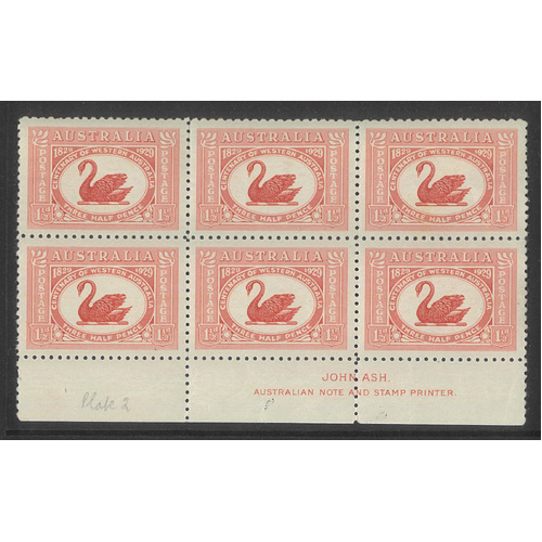 Australia 1929 1½d WA Anniv. Ash Imprint Block/6 Stamps with Variety BW 138e MLH