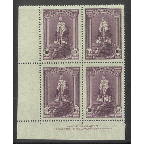 Australia 1948 Robes Thin Paper 10/- (SG177a) Imprint Block/4 Stamps BW 215z MVLH