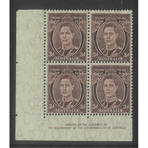 Australia 1941 KGVI 3d Brown Thin Paper Authority Imprint Block/4 Stamps BW196azh MLH