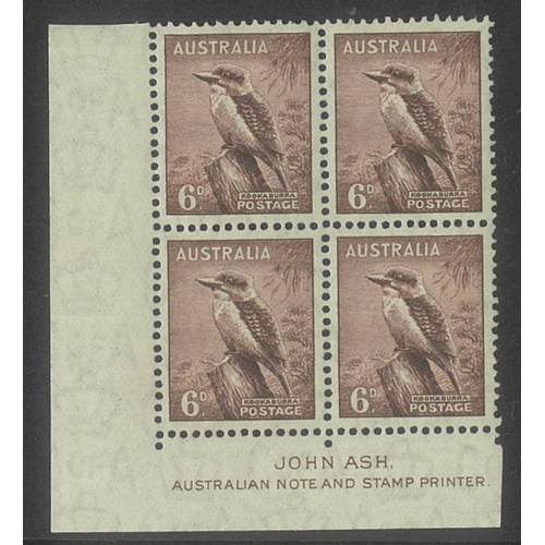 Australia 1937 6d Kookaburra Ash Imprint Block/4 Stamps p13½x14 SG172 BW202za MLH