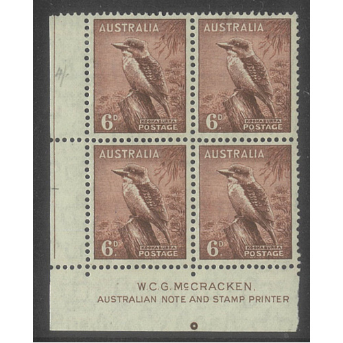 Australia 1942 6d Kookaburra Red-Brown Shade McCracken Gutter Imprint Block/4 Stamps BW203zf MVLH