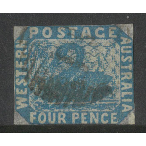 West Australia 1854 Swan 4d Stamp Blue Imperf with 4 Cut Close Margins SG3a Used