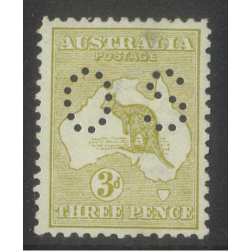 Kangaroo 1st WMK 3d Stamp Yellow-Olive Die I Perf Small OS SG O20 MLH