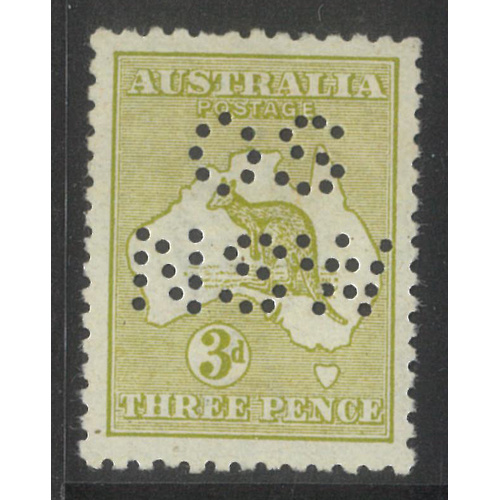 Kangaroo 1st WMK 3d Stamp Olive-Green Die I Perf OS/NSW SG5 MLH