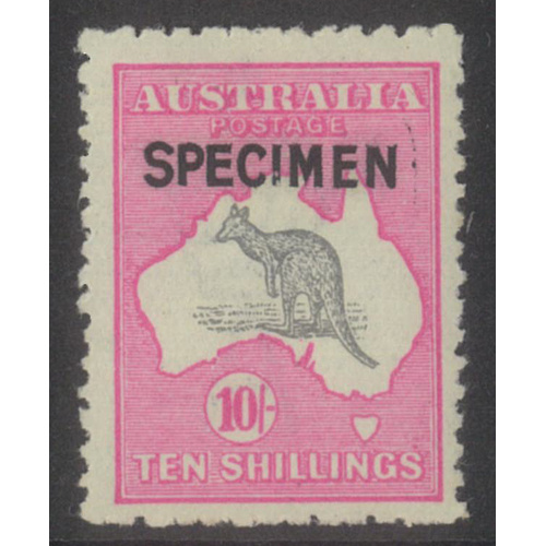 Kangaroo 3rd WMK 10/- Grey & Deep Aniline Pink ovpt Specimen Type B SG43s MUH
