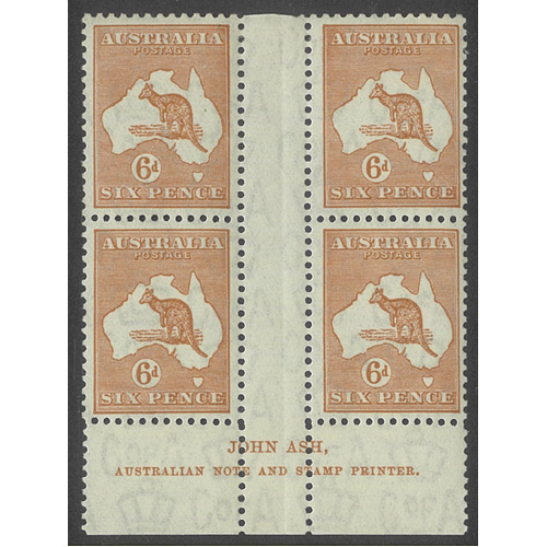 Kangaroo CofA WMK 6d Chestnut Ash Imprint Block/4 Stamps with Variety MLH/MUH