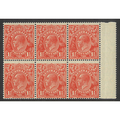 Australia KGV Block/6 Stamps from Left Pane Small Mult WMK 1½d Red SG96 BW92B MUH