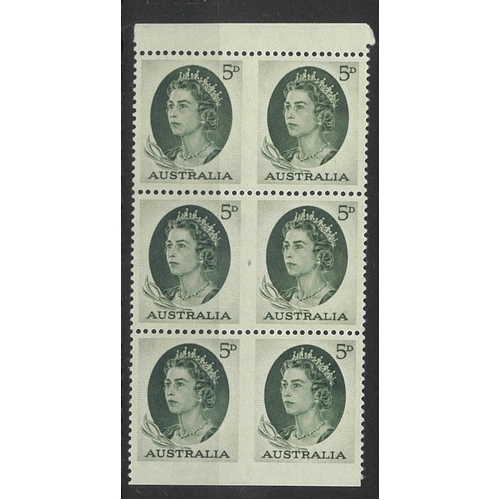 Australia 1964 QEII Green 5d Booklet Pane of 6 Stamps BW400c (SG354c) MUH