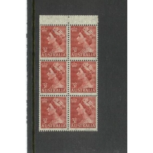 Australia 1953 QEII 3½d Wmk'd Thin Paper Booklet Pane/6 Stamps BW297Aa/c SG263 MUH