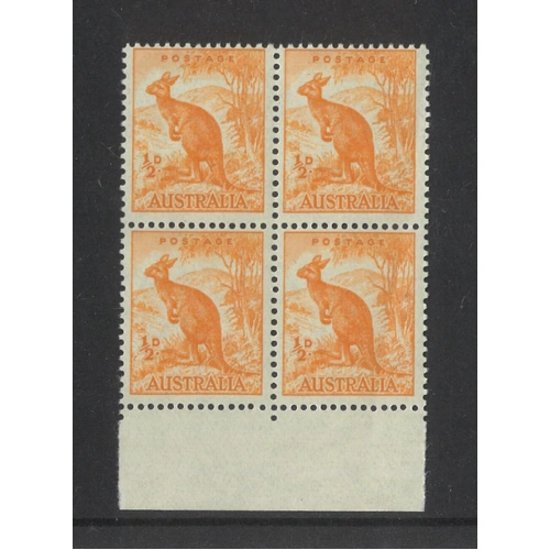 Australia 1949 No WMK ½d Kangaroo Marginal Block/4 Stamps "Colour Flaw" Variety MUH