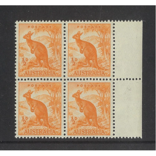 Australia 1949 No WMK ½d Kangaroo Marginal Block/4 Stamps With Variety MUH