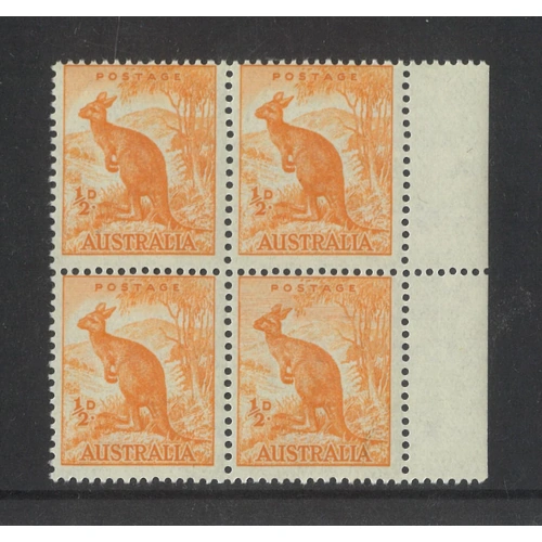 Australia 1949 No WMK ½d Kangaroo Marginal Block/4 Stamps "Sky Retouch" MUH