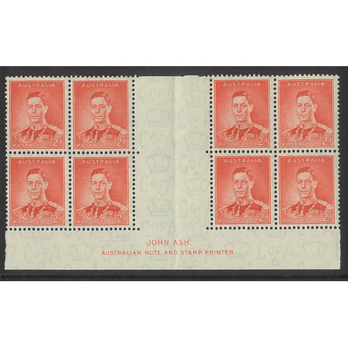 Australia 1937 KGVI Block/8 Stamps 2d Scarlet Die I Ash Imprint Gutter SG167 MUH