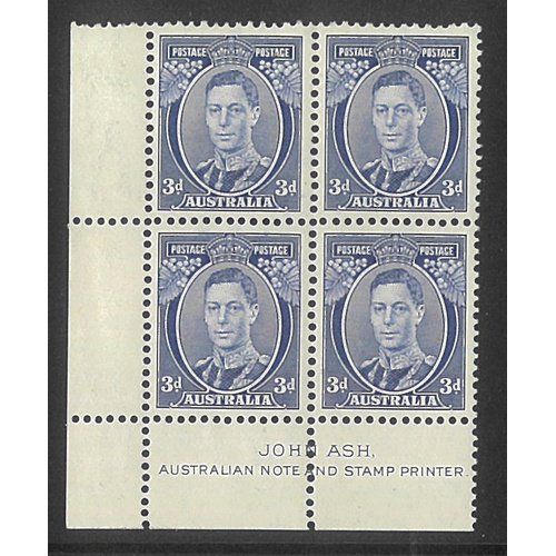 Australia 1938 KGVI Block/4 Stamps 3d Blue Die II Ash Imprint SG168c MLH/MUH