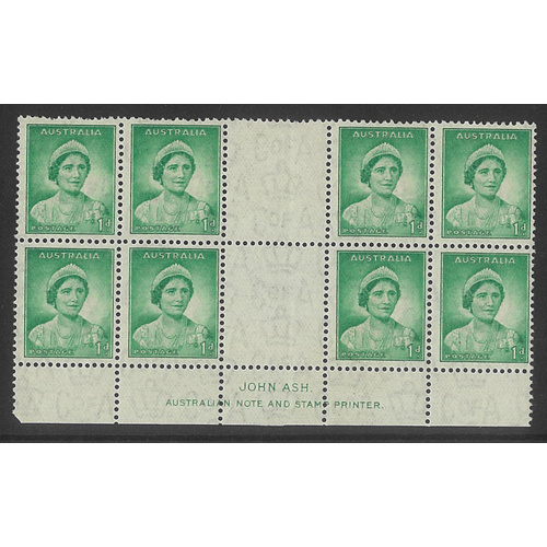 Australia 1937 Queen Mother Block/8 Stamps 1d Bright Green Die I Ash Gutter MUH