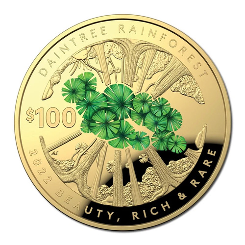 Australia 2022 Beauty Rich & Rare - Daintree Rainforest $100 1oz Gold Coloured Proof Domed Coin