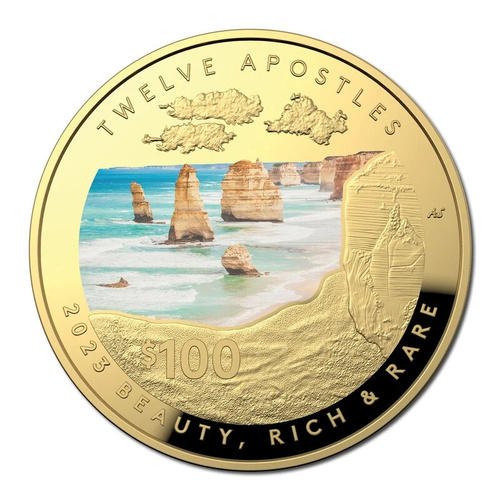 Australia 2023 Beauty Rich & Rare - Twelve Apostles $100 1oz Gold Coloured Proof Domed Coin