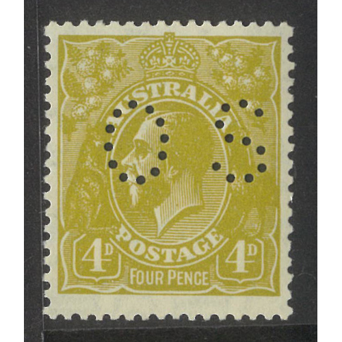 Australia KGV Stamp Small Mult WMK p13½x12½ 4d Yellow-Olive Perf OS SG O108 MUH