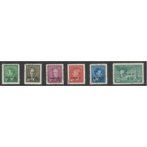 Canada 1949-50 KGVI Set of 6 Stamps ovpt O.H.M.S. SG O172/77 Fine Used #4-10
