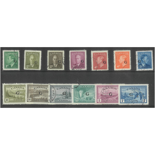Canada 1950-52 KGVI Pictorial Set of 13 Stamps ovpt "G" SG O178/90 FU #4-10