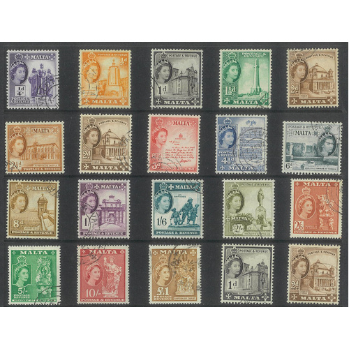 Malta 1956 QEII Pictorial 17 Stamps & 2d Shade 1963-64 new WMK 1d & 2d FU #4-11