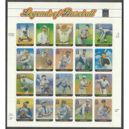 USA 2000 Legends of Baseball Sheetlet of 20 Stamps Scott 3408 MUH #BK197