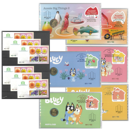 Australia 2026 Macau Stamp Show Set of 6 PNCs & Mini Sheets No.1