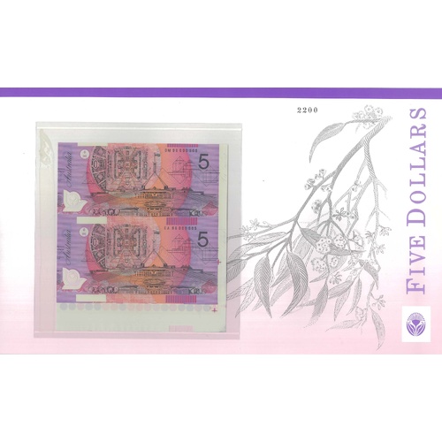 Australia 1996 Uncut Vertical Pair of $5 Polymer Banknotes (Deluxe Edition)