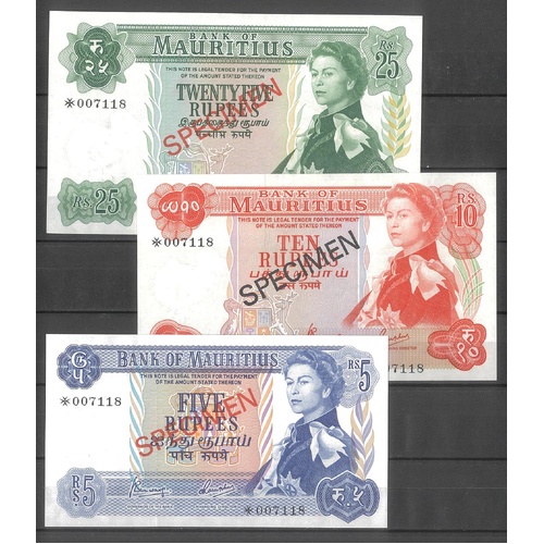 Mauritius 1978 Specimen Banknotes Group of 3 nUNC/UNC