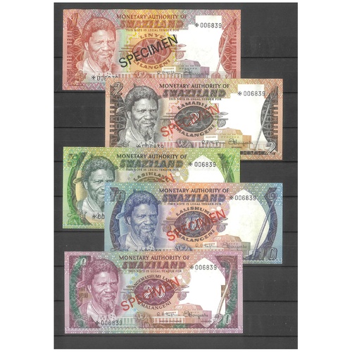 Swaziland 1974 Specimen Banknotes Complete Set of 5 EF/EF+
