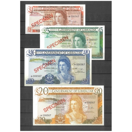 Gibraltar 1975 Specimen Banknotes Complete Set of 4 nUNC/UNC*