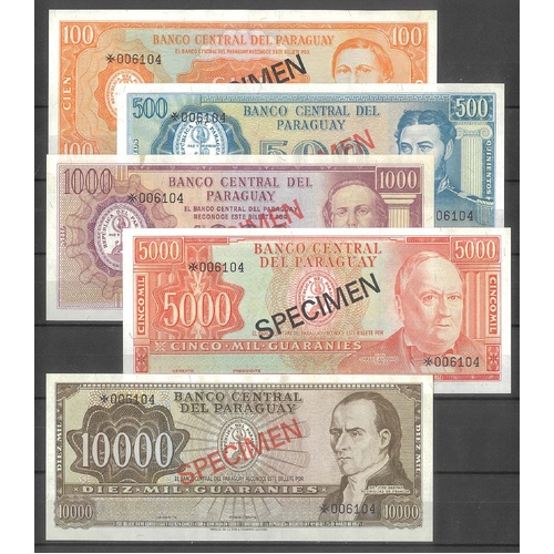 Paraguay 1972-1979 Specimen Set of 5 Banknotes nUNC/UNC*