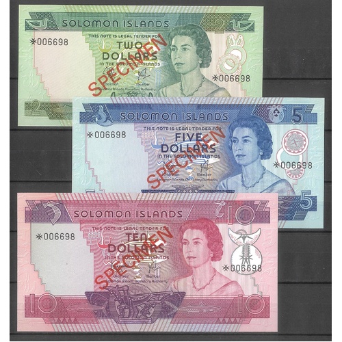 Solomon Islands ND1979 Specimen Set of 3 Banknotes UNC