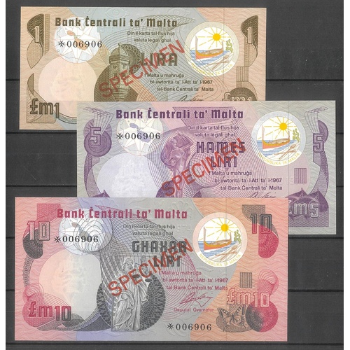 Malta ND1979 Specimen Set of 3 Banknotes UNC
