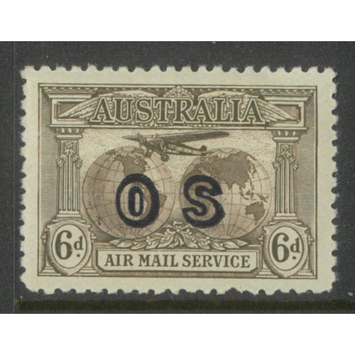Australia 1931 Airmail 6d Dull Brown Stamp ovpt OS SG139a BW144OS MLH
