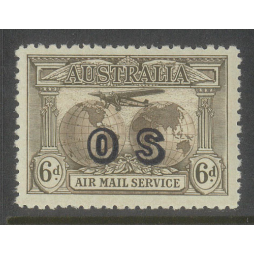 Australia 1931 6d Sepia Air Mail Single Stamp ovpt OS SG139a MUH