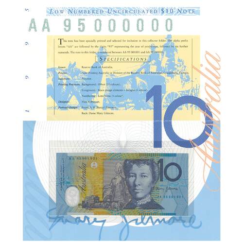Australia 1995 $10 Polymer Banknote Evan/Fraser Prefix AA UNC in Deluxe Folder