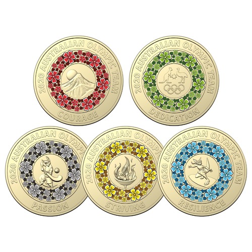 Australia 2020 Tokyo Olympics $2 AlBr Coloured UNC 5-Coin Collection In Folder 