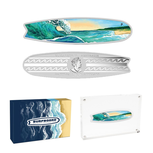 Australia 2020 Surfboard $2 2oz Fine Silver Coloured Coin With Certificate