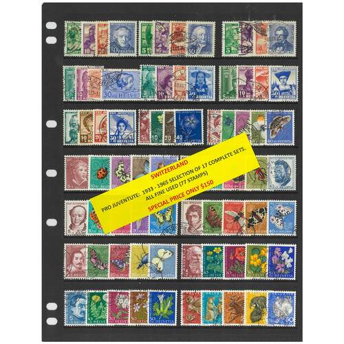 Switzerland Pro Juventute 1933-65 17 Complete Sets 77 Stamps All Fine Used #273